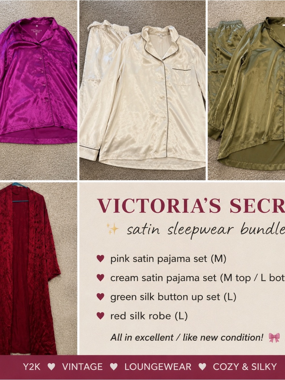 Victoria's Secret Pink, Cream, Green & Red Satin Sleepwear Bundle